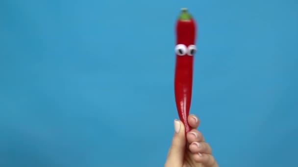 Chilli pimenta olhos em uma mão mulher close-up. Pimenta chili treme e torce os olhos em um fundo azul. Movimento lento . — Vídeo de Stock