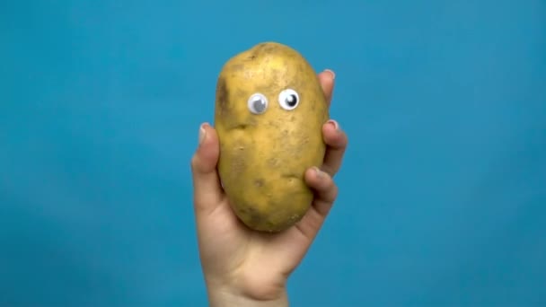 Potato with eyes in a woman hand close-up. Potatoes shakes and twists eyes on a blue background. Slow motion. — Stock Video