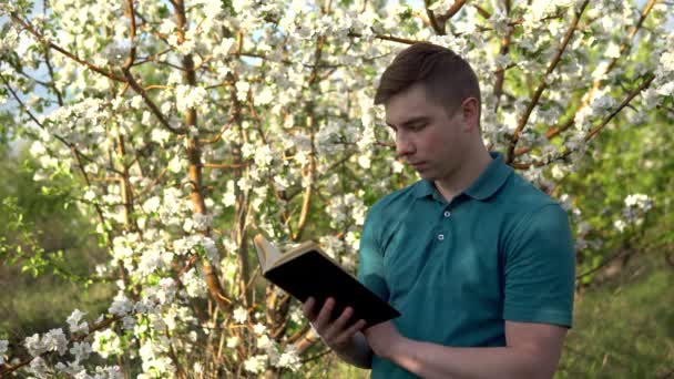Unge man med en bok i handen. En man läser en bok när han står mot ett blommande träd. — Stockvideo
