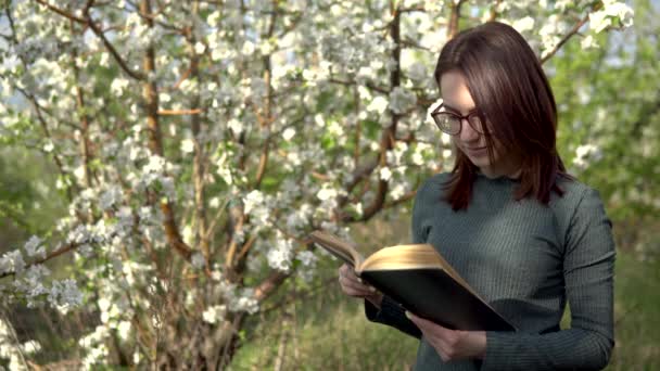 Mujer joven en la naturaleza con un libro en sus manos. Una chica lee un libro de pie contra un árbol floreciente . — Vídeo de stock