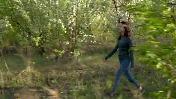 Een jonge vrouw loopt door een bloeiende appelboomgaard. Uitzicht door de bomen. — Stockvideo