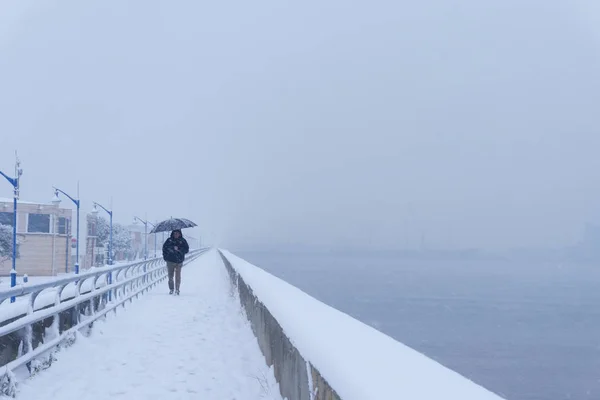 Personne avec parapluie marchant sur la neige avec blizzard — Photo
