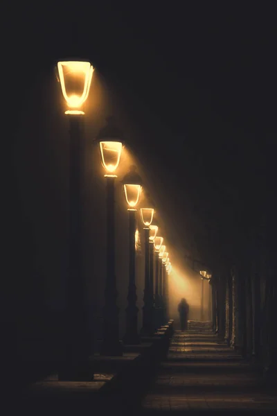 Person walking on dark street illuminated with streetlamps — Stock Photo, Image