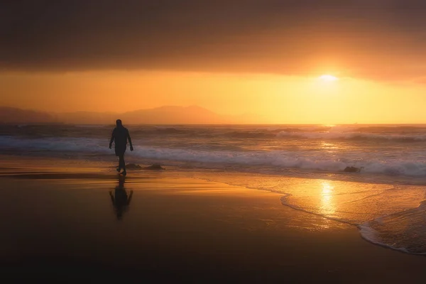 Lonely person walking on beach at sunset — Stock Photo, Image