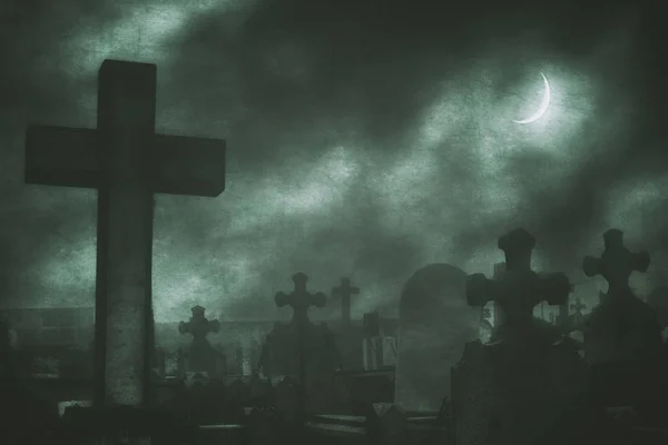 Cementerio por la noche con luz de la luna y texturas gruesas — Foto de Stock