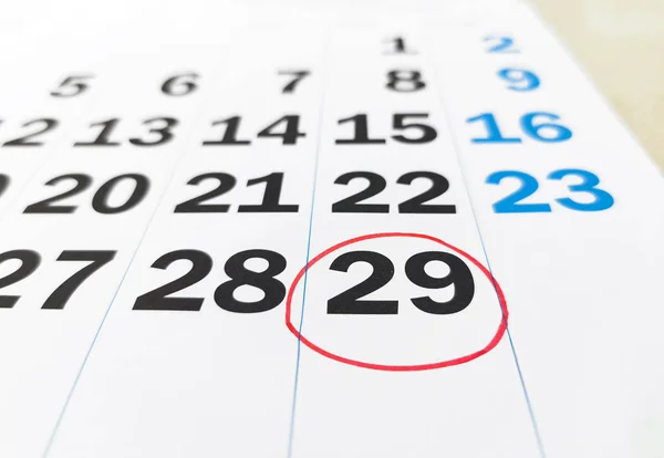 Calendar of february in leap year with 29 number in red circle — Stock Photo, Image