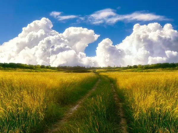 Schöner Weg Der Landschaft Mit Wiesen Und Wolken — Stockfoto