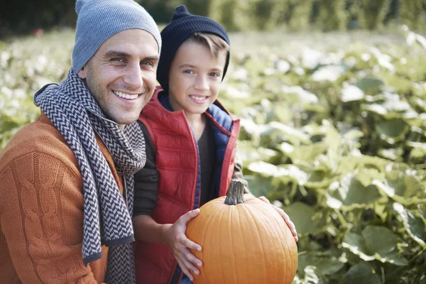 Pai e filho Escolhendo abóbora perfeita no Halloween — Fotografia de Stock