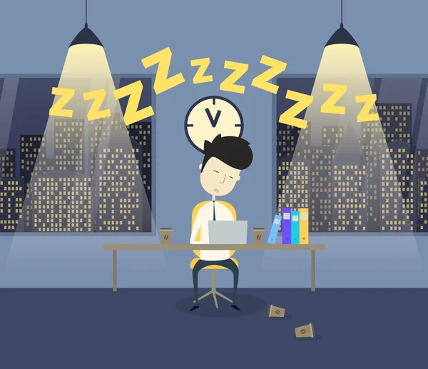 Tired man working late in the office — Stock Vector