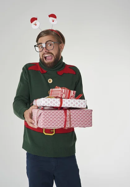 Funny man in Christmas sweater — Stock Photo, Image