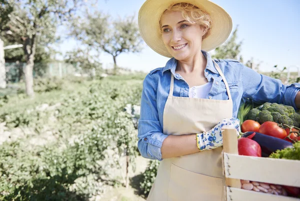 Mujer trabajando en su granja — Foto de Stock