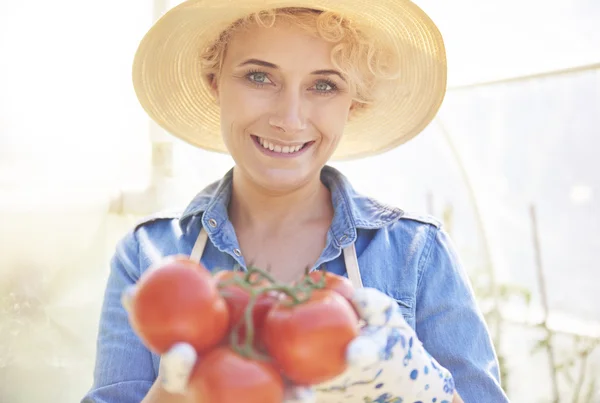 Frau im eigenen Gemüsegarten — Stockfoto