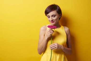 kadın holding pembe gerbera çiçek