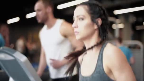 Ζευγάρι κατάρτιση σε ελλειπτικό μηχάνημα στο γυμναστήριο — Αρχείο Βίντεο