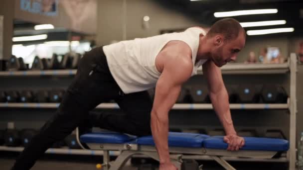 Homem muscular levantando halteres no banco — Vídeo de Stock