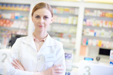 Kendine güvenen eczacı eczane Üstten Görünüm 