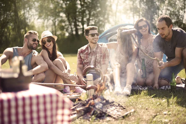 Freunde auf Sommercamping — Stockfoto