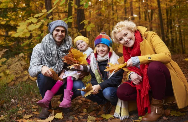 Família colhendo folhas na temporada de outono — Fotografia de Stock