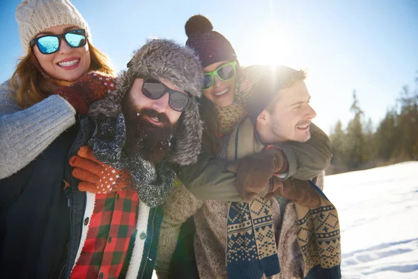 Two couples spending their best winter holiday — Stock Photo, Image