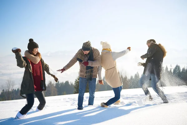 Amigos teniendo una divertida pelea de nieve —  Fotos de Stock