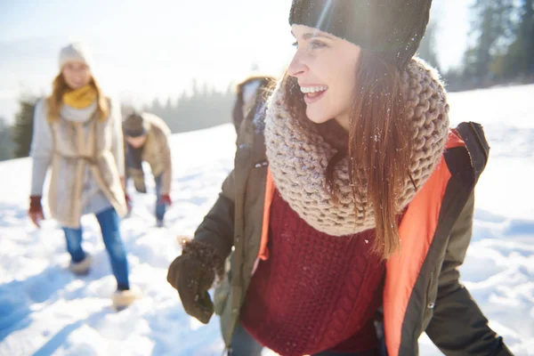 Amigos comemorando férias na neve — Fotografia de Stock