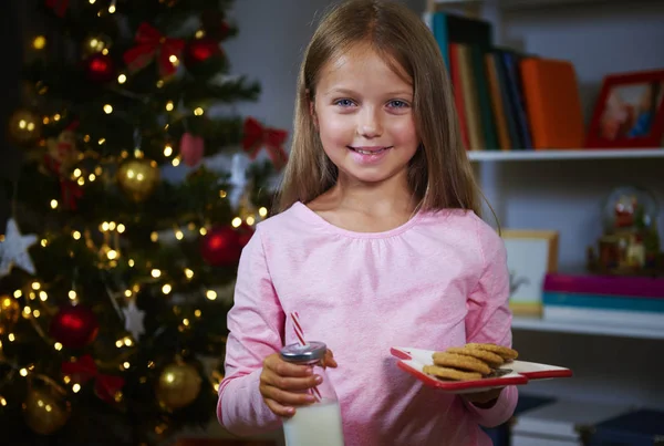 Meisje met koekjes en melk — Stockfoto