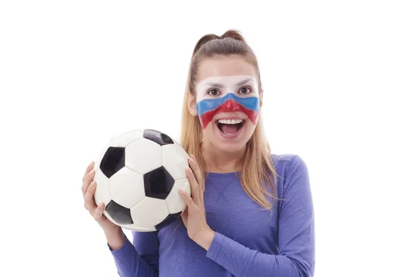 Portrait of female soccer fan with painted face — Stock Photo, Image