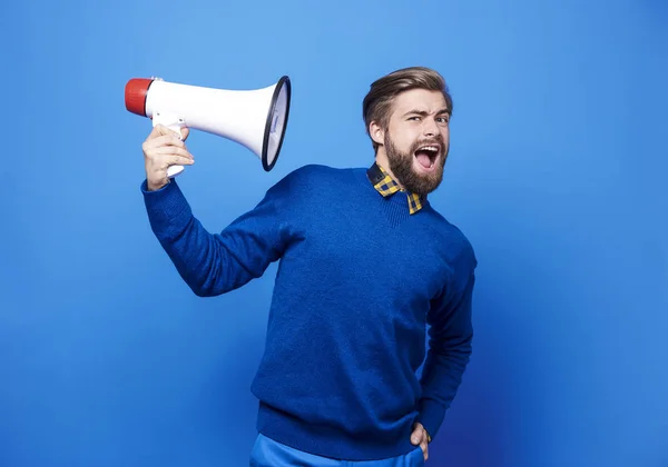 Portrait of man holding a megaphone — Stock Photo, Image