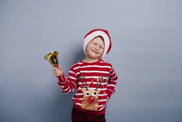 Vrolijke Jongen Met Handbell Studio Shot — Stockfoto