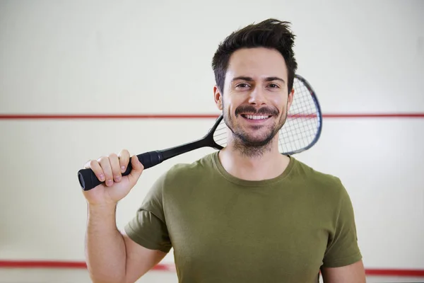Vista Frontal Homem Com Raquete Antes Jogo Squash — Fotografia de Stock