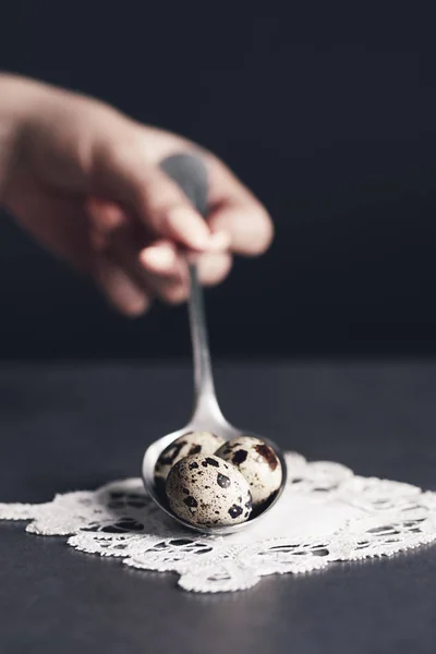 Human hand holding vintage spoons with quail eggs