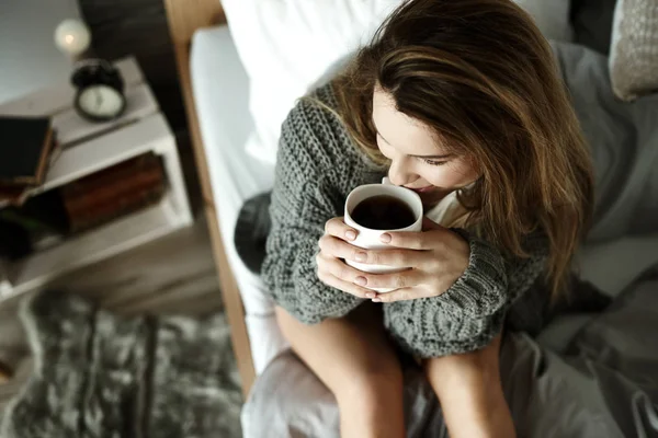 Attractive Woman Drinking Coffee Bed — Stock Photo, Image