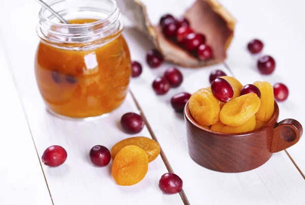 Pot Fait Maison Confiture Abricot Sur Table Bois — Photo