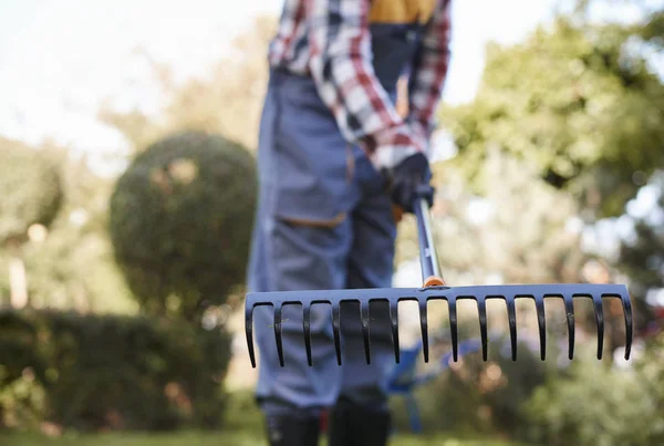 Homme Déconcentré Ratissant Des Feuilles Jardin — Photo