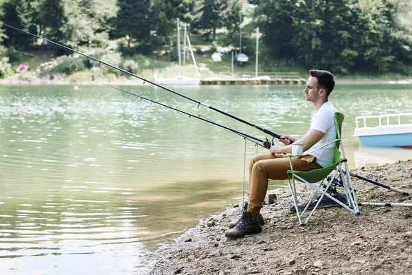 Men Fishing Rod Sitting Fishing Chair — Stock Photo, Image
