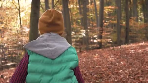 Vrolijke Jongen Die Het Bos Loopt — Stockvideo