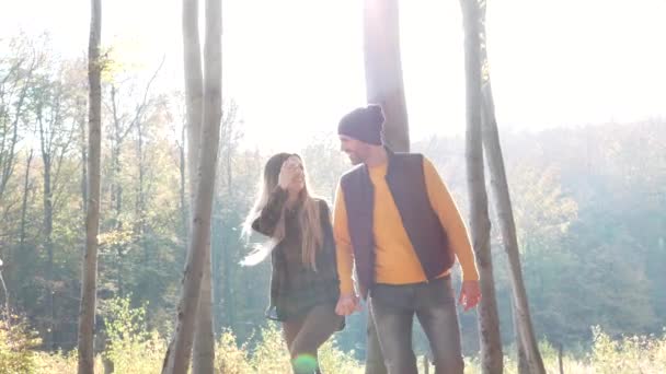 Ζευγάρι Κρατώντας Χέρια Και Περπάτημα Στο Δάσος — Αρχείο Βίντεο