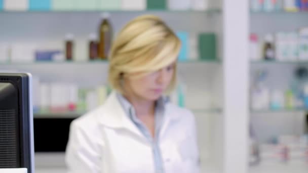 Beautiful Pharmacist Drugstore Looking Camera Smiling — Stock Video