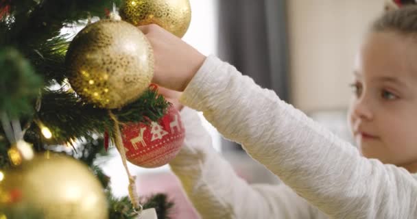 Vista Portatile Del Bambino Che Decora Albero Natale — Video Stock