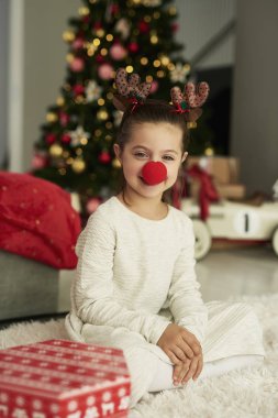 Noel kostümü giymiş çekici bir kızın portresi. 