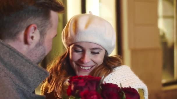 Loving Couple Bunch Roses Flirting — Stock Video