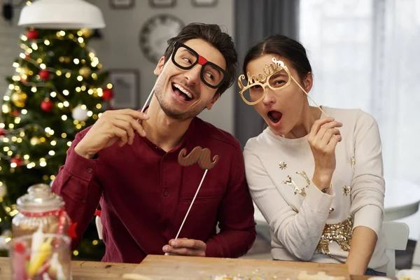 Portrait Playful Couple Christmas Masks — Stock Photo, Image