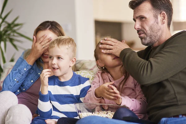 Scared Family Watching Horror Movies — Stock Photo, Image