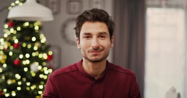 Handheld Weergave Van Glimlachende Man Kersttijd — Stockvideo