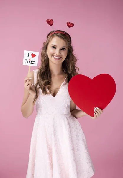 Happy Young Woman Holding Big Heart — Stock Photo, Image