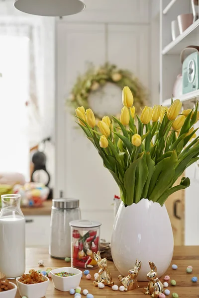 Fresh Tulips Baking Ingredients Wooden Table — Stock Photo, Image