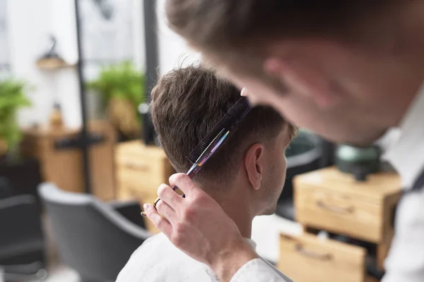 Young Man Has Cutting Hair Hairdresser — 스톡 사진