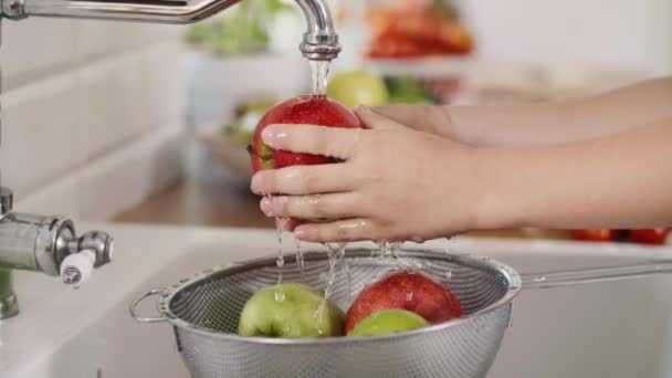 Handheld View Woman Washing Seasonal Fresh Apples — 비디오