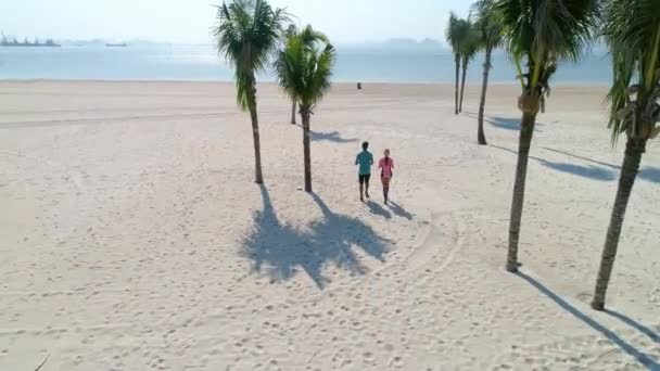 Vista Del Dron Mujer Corriendo Con Mejor Amigo Fotografía Con — Vídeos de Stock