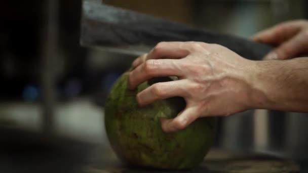 Handheld View Vietnamese Man Opening Coconut Shot Red Helium Camera — Stock Video